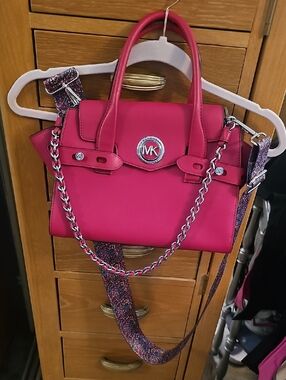 Michael Kors Hot Pink Leather Satchel with Chain Detail